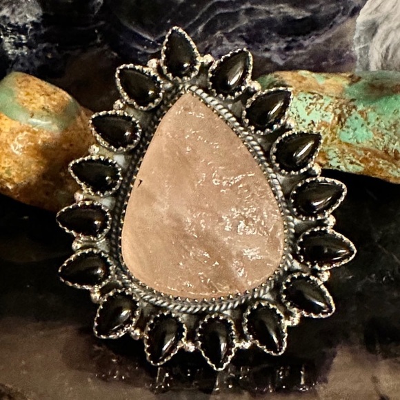 Rose quartz black onyx mega statement sterling silver ring